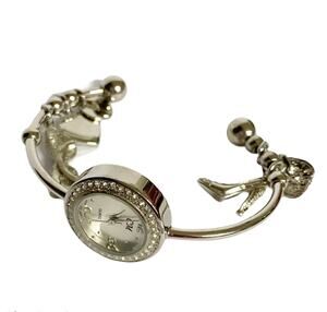 CM Quartz Women's Silver Bangle Watch Rhinestone Bezel Charm Bracelet Accent